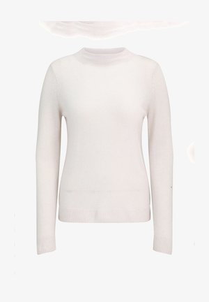 Witte trui gemaakt van zacht, glad weefsel. Heeft een ronde halslijn, lange mouwen en ribbels aan de manchetten en onderkant. Eenvoudig, naadloos ontwerp.