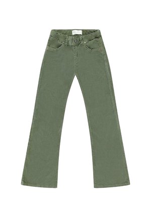 Groene corduroy flared broek met een sluiting met voorknop, vijf zakken en gestikte details langs de naden.