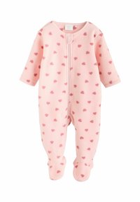 Combinaison de nuit en polaire pour bébé en rose clair avec de petits motifs en cœur rose foncé. Comprend des manches longues, une fermeture éclair sur toute la façade et une protection intégrée pour les pieds.