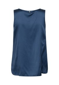 Top senza maniche di raso blu navy con scollatura arrotondata e piccolo bottone sul retro, caratterizzato da una texture liscia e lucida.