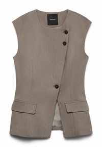 Gilet sans manches marron au design structuré, avec deux poches avant et des boutons noirs. Présente un tissu texturé subtil. L'intérieur est doublé.