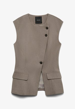Gilet sans manches marron au design structuré, avec deux poches avant et des boutons noirs. Présente un tissu texturé subtil. L'intérieur est doublé.