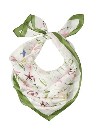 Hvid silketørklæde med grøn kant, prydet med sarte prints af vilde blomster i lyserød, blå og gul, bundet i en løs knude.