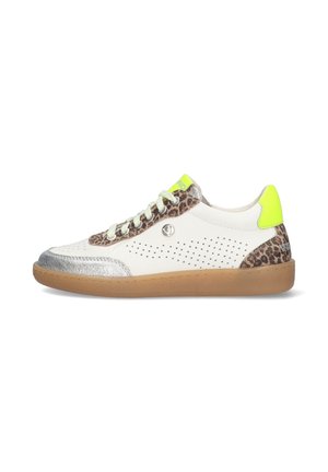 White sneaker with leopard print accents, silver toe cap, green heel, and light green laces. Features perforated side design and rubber sole.