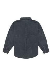 Dark gray corduroy shirt with a back yoke detail, long sleeves, button cuffs, and a rounded hem. Soft texture with vertical ribbing.