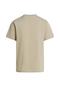 T-shirt beige en coton à manches courtes, vu de dos, avec un col rond simple et sans motif ni logo visible.