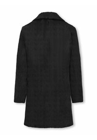 Cappotto nero con texture, dal finish morbido e peloso. Presenta un colletto classico, maniche lunghe e una silhouette dritta, senza chiusure visibili.