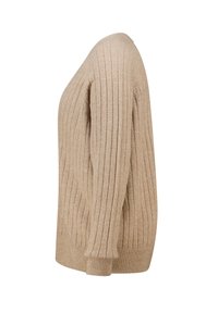 Pull en maille côtelée beige en matière douce. Il présente des manches longues et un col arrondi avec une coupe légèrement ample.