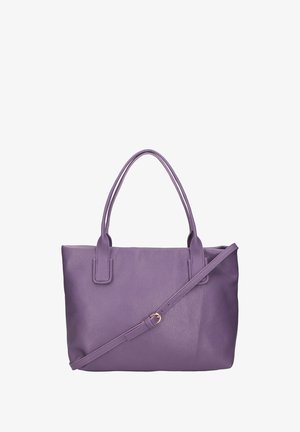 Borsa a tracolla in pelle viola con due manici corti e una tracolla rimovibile. Superficie testurizzata con una finitura liscia e hardware minimale.