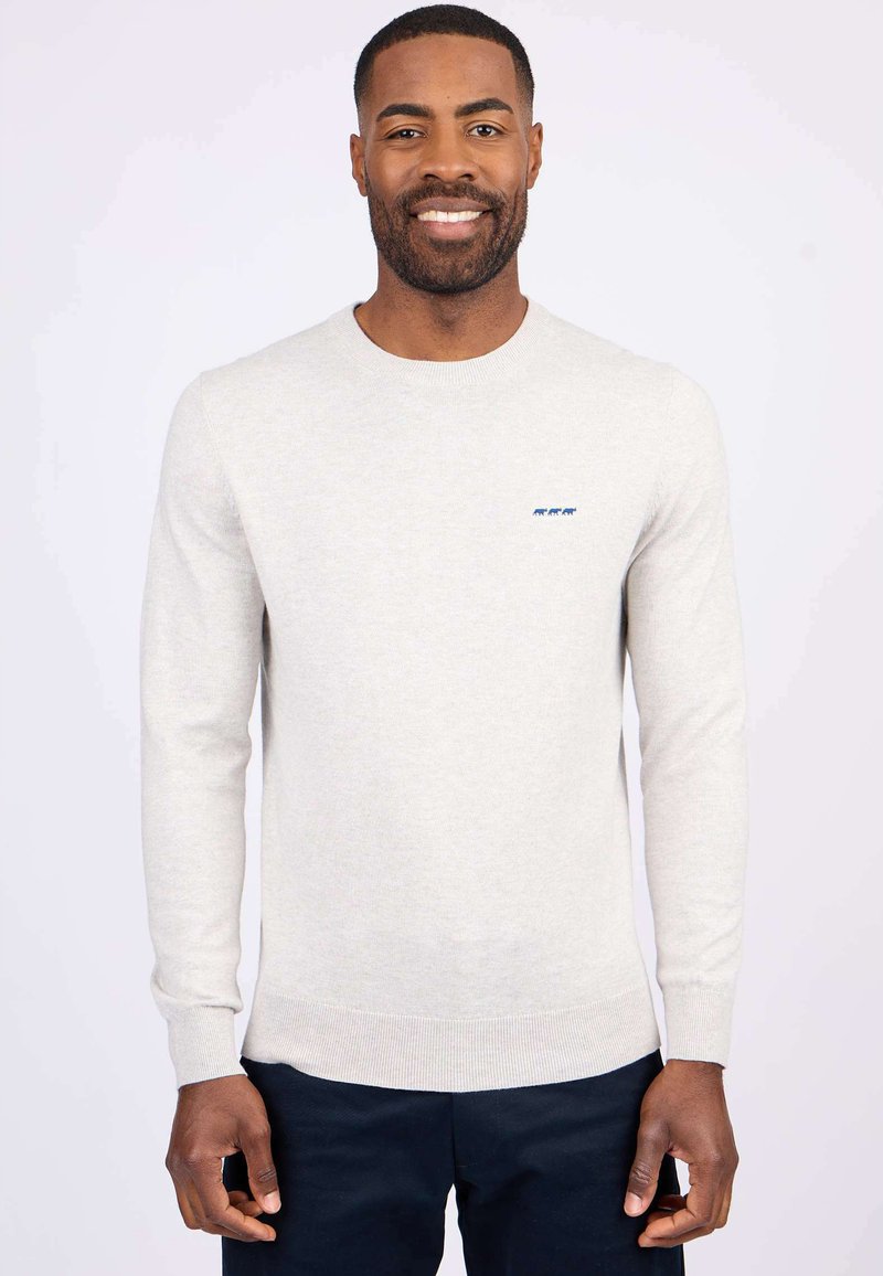Pull en tricot gris clair avec un col rond, des manches longues et un motif logo bleu sur la poitrine gauche. Texture douce et coupe ajustée.