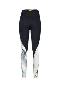 Leggings neri a vita alta con un motivo floreale blu e crema sui lati, realizzati in tessuto elastico e morbido.