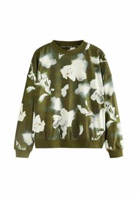 Oliwkowy sweatshirt z białymi i jasnoszarymi abstrakcyjnymi wzorami roślinnymi, okrągłym dekoltem oraz ściągaczami na mankietach i u dołu.