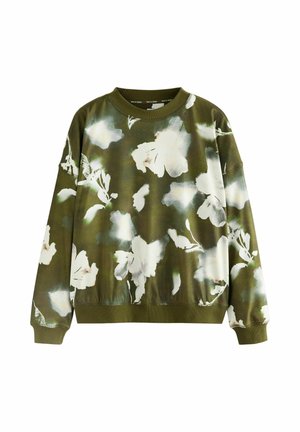 Olivinės spalvos džemperis su baltais ir šviesiai pilkais abstrakčiais gėlių raštais, su apvaliu kaklu, taip pat su raukiniais ant rankovių ir apatinės dalies.