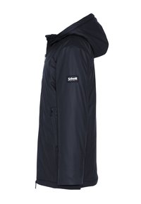 Giacca invernale con cappuccio blu navy, con zip frontale, tasca laterale con zip e patch "Schott New York NYC" sulla manica superiore.