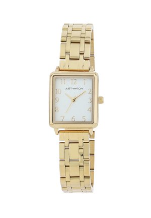 Goldfarbene quadratische Uhr mit einem weißen Ziffernblatt, goldenen Stundenmarkierungen und einem verlinkten Metallarmband. Verfügt über ein einfaches Design und Quarzwerk.