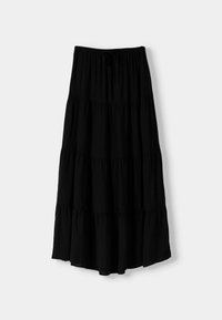 Schwarzer, gestufter Maxirock aus weichem Stoff, mit elastischem Bund und Kordelzug sowie drei Rüschenschichten.