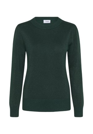 Tummanvihreä neulepaita, jossa on ribattu pyöreä pääntie ja pitkät hihat. Siinä on hienovarainen kiilto koko oikeudessaan ja muotoillut ribatut hihansuut.
