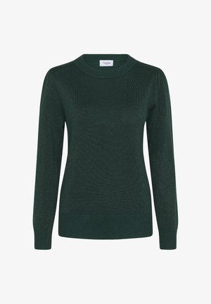 Temnozelena pletena majica z rebrastim ovratnikom in dolgimi rokavi. Ima subtilen sijaj skozi celotno površino in prilegajoče se rebraste manšete.