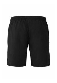 Zwarte zwembroek van lichtgewicht stof, met een elastische tailleband en geen zichtbare zakken, met een eenvoudig ontwerp.