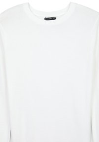 Maglione bianco a maglia con scollo rotondo. Presenta maniche lunghe e una superficie liscia, realizzato in tessuto leggero e traspirante.