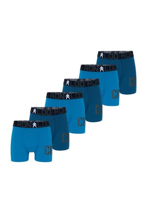 Six teal boxer briefs with black waistbands featuring a white silhouette and the text "RONALDO" in large dark letters on the leg.