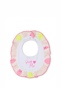 Bavaglino bianco con bordo volant in tessuto floreale rosa pastello. Presenta dettagli in rosa e giallo e la scritta "Abbracciami" in font rosa. Chiusura a pressione al collo.