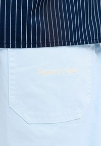Shorts en denim bleu clair avec une poche arrière ornée d’un texte blanc brodé subtil sous une chemise bleu marine à rayures blanches verticales.