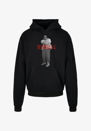 Black hoodie with a front pocket, featuring a gray image of a person with the text "THE NOTORIOUS B.I.G." in red. Standard pullover design.