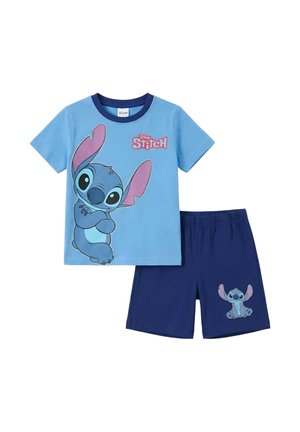 Ensemble pour enfants en deux pièces comprenant un t-shirt bleu clair avec le personnage Stitch de Disney et un short bleu foncé avec un motif Stitch plus petit.