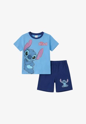 Ensemble pour enfants en deux pièces comprenant un t-shirt bleu clair avec le personnage Stitch de Disney et un short bleu foncé avec un motif Stitch plus petit.