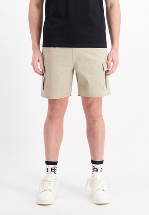 Beige cargoshorts met zijzakken, gemaakt van lichtgewicht stof, met een rechte snit en zonder zichtbare patronen. Gestyled met een zwart shirt.