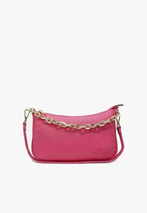 Rosa Lederhandtasche im rechteckigen Format, mit strukturierten Oberfläche und goldfarbener Kettenverzierung. Verfügt über einen abnehmbaren Tragegurt für vielseitige Verwendung.
