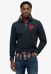 Felpa blu navy con zip a quarto e logo rosso, indossata sopra una camicia a quadri. L'outfit presenta un tessuto strutturato e maniche lunghe.