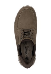 Brown suede shoe with a round toe, contrasting stitching, and textured insole. Features brown laces and a flexible sole.