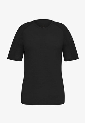 Schwarzes T-Shirt mit kurzen Ärmeln und rundem Halsausschnitt, glatter Textur und Raglanärmeln. Hat ein kleines Logo auf der linken Schulter.