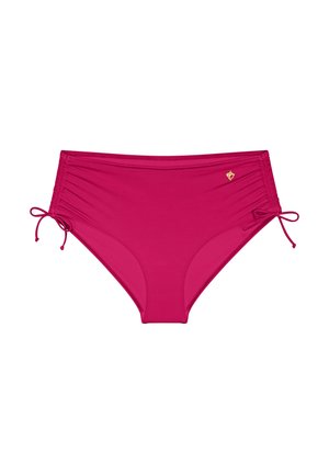 Bikini dolne wysoko w talii w intensywnym różowym kolorze, z marszczonymi bocznymi węzłami i małym złotym logo. Gładki materiał o eleganckim designie.