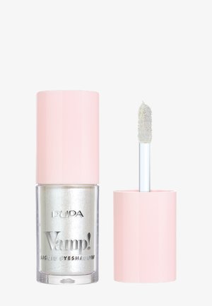 Flüssiger Lidschatten in einem durchsichtigen Behälter mit silbernem Schimmer, bedeckt mit einer rosa gerippten Kappe. Applikatorstift mit strukturiertem Spitzenende.