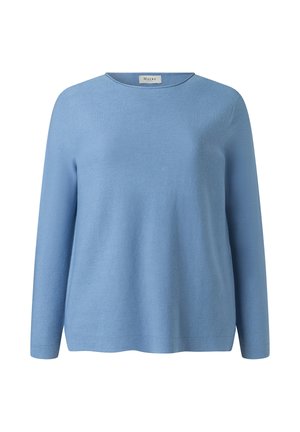 Hellblauer Pullover mit langen Ärmeln und Rundhalsausschnitt, mit gerippter Struktur und lockerem Sitz, auf weißem Hintergrund dargestellt.