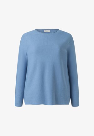 Hellblauer Pullover mit langen Ärmeln und Rundhalsausschnitt, mit gerippter Struktur und lockerem Sitz, auf weißem Hintergrund dargestellt.