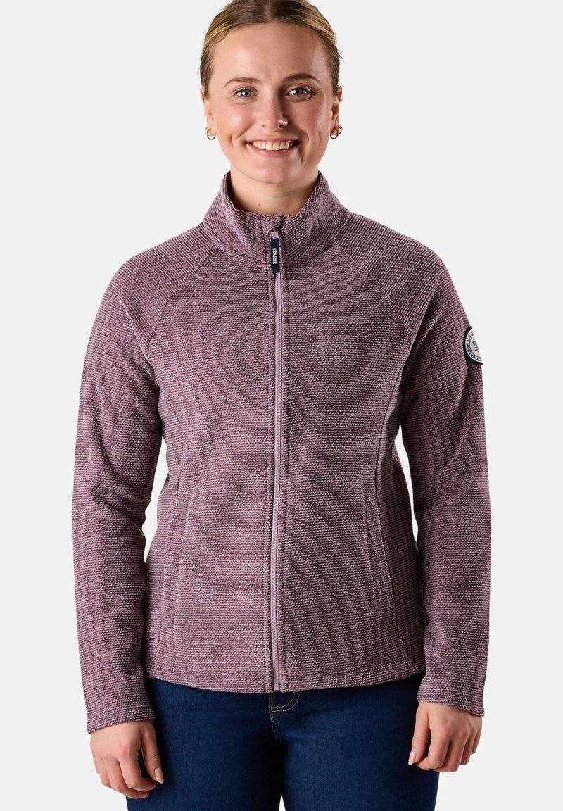 Fleece takki teksturoidussa laventelivärissä, täyspitkä vetoketju edessä, korkea kaulus ja logopatch vasemmassa hihassa. Sopii arkikäyttöön.
