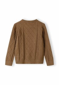 Maglione marrone lavorato a maglia con un motivo a diamante testurizzato, maniche lunghe e collo e polsini a costine.