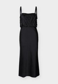Robe midi en satin noir avec bretelles fines et ornements superposés en forme de pétales sur le corsage, sur fond clair uni.