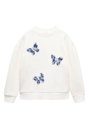 Hvid sweatshirt med lange ærmer med tre blå og lilla blomster-fugleapplikationer på forsiden, ribstrikkede manchetter og kant.