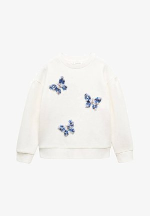 Hvid sweatshirt med lange ærmer med tre blå og lilla blomster-fugleapplikationer på forsiden, ribstrikkede manchetter og kant.