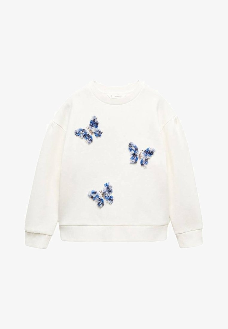 Sweat-shirt blanc à manches longues avec trois applications papillons floraux bleus et violets sur le devant, poignets et ourlet côtelés.