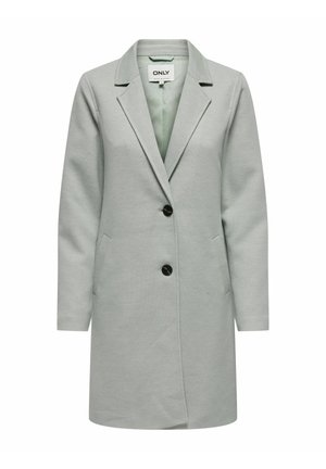 Cămașă lungă de un gri deschis, cu guler decupat, două buzunare frontale și închidere cu un singur nasture; material texturat cu o căptușeală netedă.