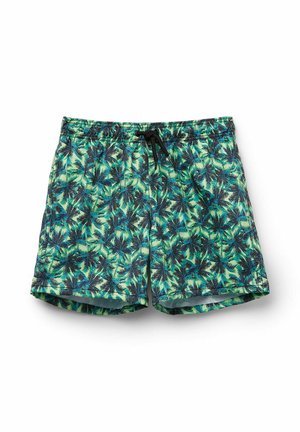 Maillots de bain avec un motif de feuilles de palmier vertes et noires, taille élastique et cordon de serrage. Fabriqués en tissu léger pour le confort.