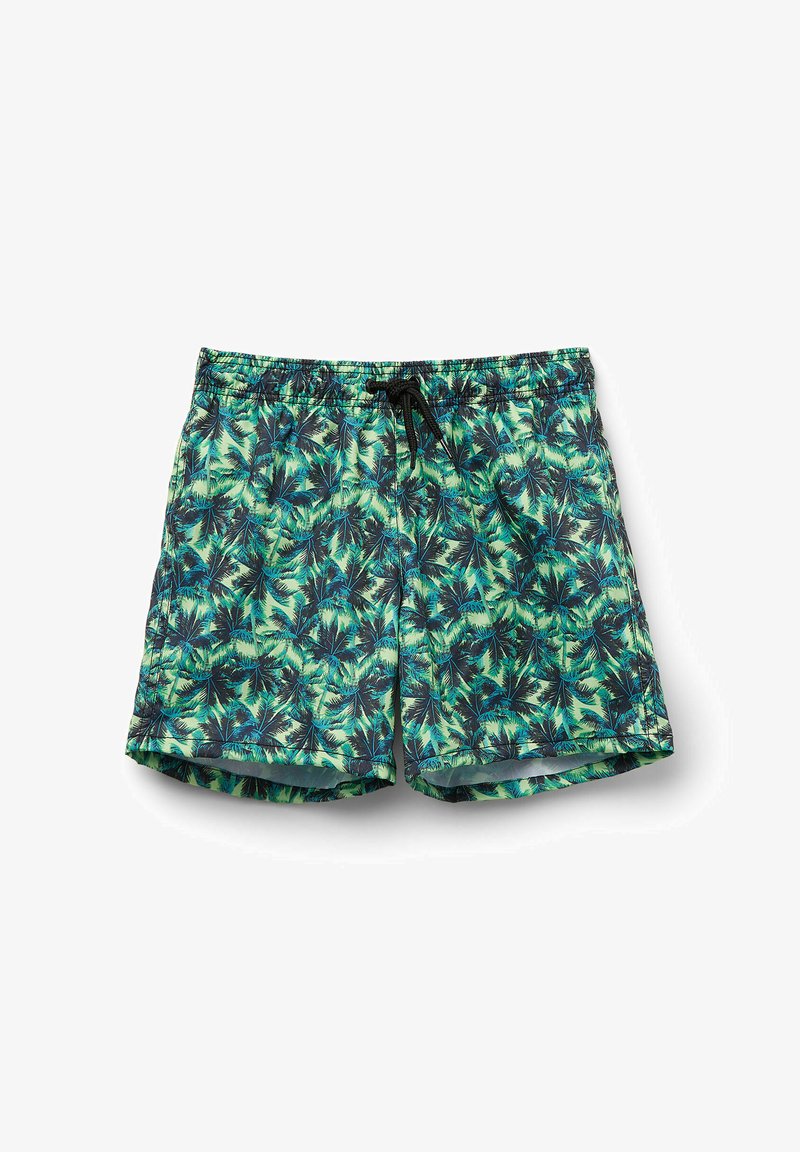 Swim trunks with a green and black palm leaf pattern, elastic waistband, and drawstring. Made of lightweight fabric for comfort.