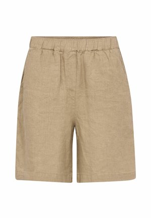 Beeźi põlvekõrgused vabaaja lühikesed püksid elastse vöörihma ja küljetaskutega, valmistatud kergest linakiust kangast.