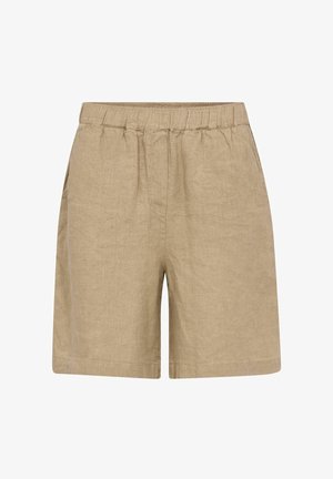 Beżowe, casualowe spodenki do kolan z elastycznym pasem i bocznymi kieszeniami, wykonane z lekkiego materiału lnianego.